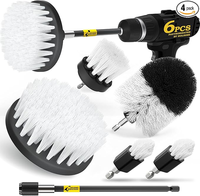 Holikme 6Pack Drill Brush Power Scrubber Cleaning Brush Extended Long Attachment Set All Purpose Drill Scrub Brushes Kit for Grout, Floor, Tub, Shower, Tile, Bathroom and Kitchen Surface White