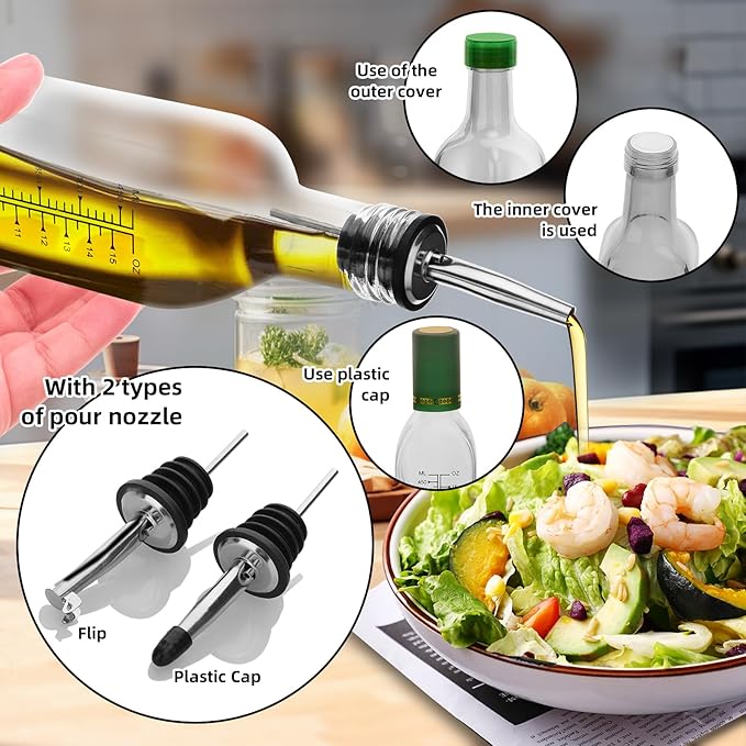 17oz 4 Pcs Scale Olive Oil Dispenser Bottle,500ml Glass Oil and Vinegar Dispenser Set with 4 Stainless Steel Pourers, 8 Labels,Funnel Oil Bottles for Kitchen (Clear)
