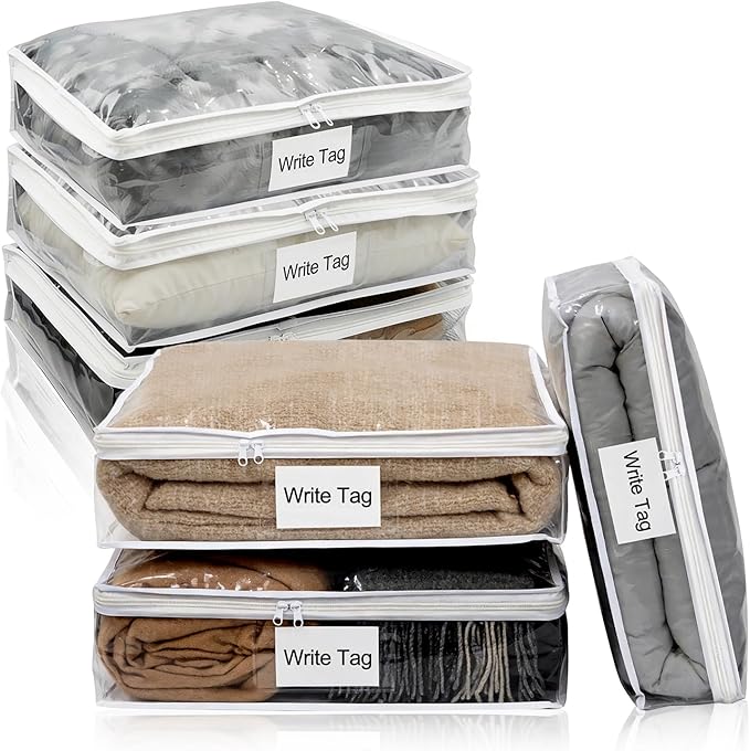 6 Pack Clear Zippered Plastic Storage Bags, Vinyl Sweater Bags with Zipper