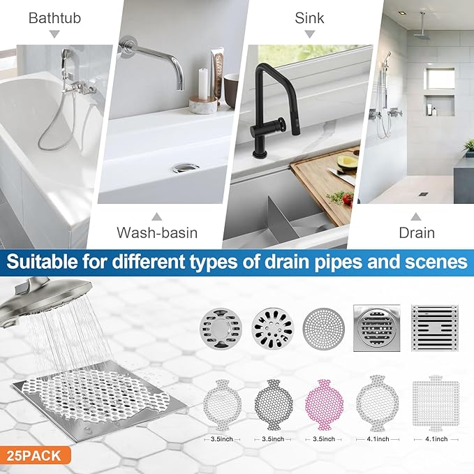 INVIHUG, 25 Pack, Disposable Shower Drain Hair Catcher Mesh Stickers, Disposable Hair Drain Catcher.(White,4.1inch), Hc2-4.1inRound-25