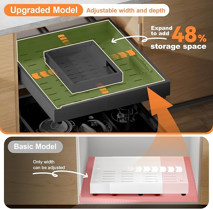 Pull out Cabinet Organizer Expandable W(12"-20") and D(16"-22"), No Drill Adjustable Slide Out Drawers With 3 Slide Rails, 2Pcs Magnetic Panel