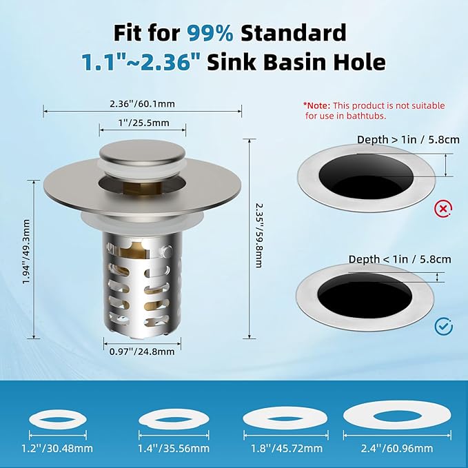 Upgraded Bathroom Sink Drain Strainer Hair Catcher 2PCS Universal 3 in 1 Pop-up Sink Stopper, Fit for 1.1''~2.36'' Basin Hole