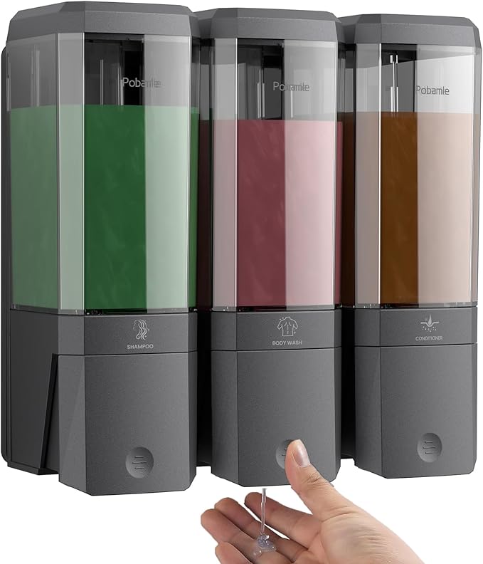 Shampoo and Conditioner Dispenser Wall Mounted, Shower Soap Dispenser No Drill Upadate Easy Slot Install, Shampoo Dispenser for Shower Bathroom Large Capacity 500ml * 3 Chamber Holder Gungray
