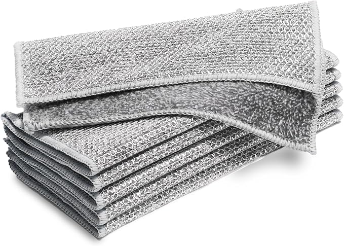 6 Pcs New Upgrade 2-Layer Non Scratch Wire Dishcloth，Super Absorbent Bamboo Charcoal Dish Cloths，Multipurpose Wire Dishwashing Rags for Wet and Dry，Wire Washing Cloth for Dishes, Stove Tops