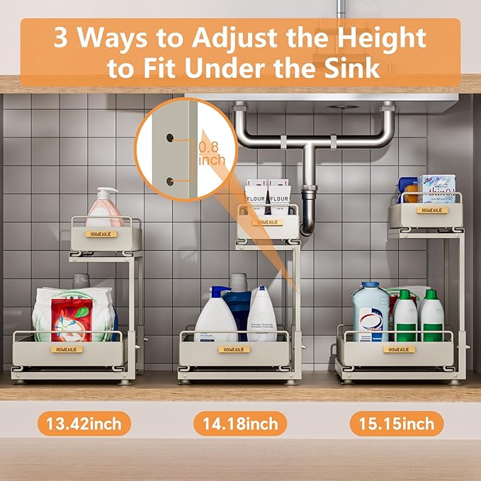 Under Sink Organizer, High Adjustable 2 Tier Under Kitchen Sink Organizer, Gray