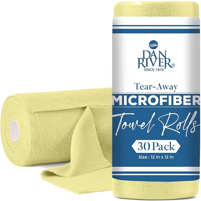 DAN RIVER Microfiber Cleaning Cloth Roll - 30 Pack,12x12 Inch Reusable Tear Away Lint-Free Cloth for Kitchen, Car and Home -Streak-Free Towels for Dusting, Glass, Electronics & Dish Cleaning (Yellow)