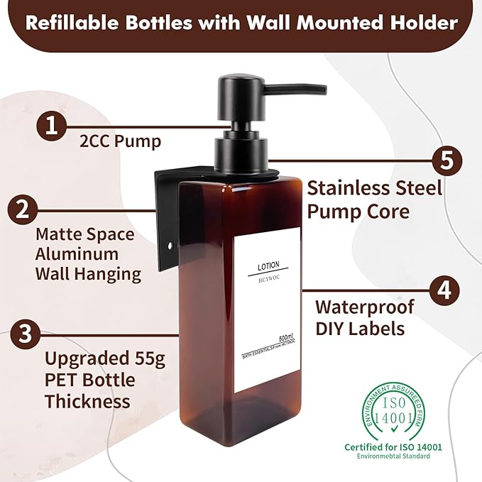 Shampoo Dispenser for Shower Wall, Shampoo and Conditioner Dispenser with 16 Waterproof Labels, No Drill Shower Soap Dispenser Bathroom, Shower Soap Dispenser Wall Mounted 3 chamber, 17oz, Black Amber