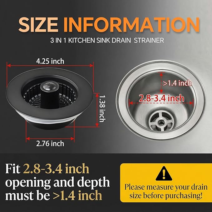 Kitchen Sink Stopper, 3 in 1 Pop Up Kitchen Sink Drain Strainer, with an Extra Basket Strainer, Sink Drain Stopper for US Standard 3-1/2 Inch