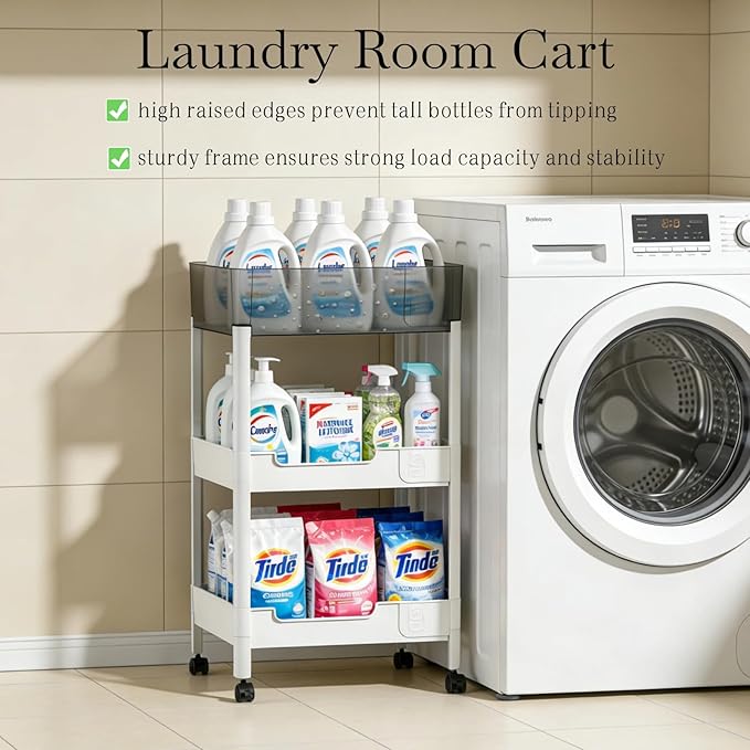 3 Tier Rolling Cart with Wheels 4.7'' Deep Baskets Bathroom Storage Shelf Heavy