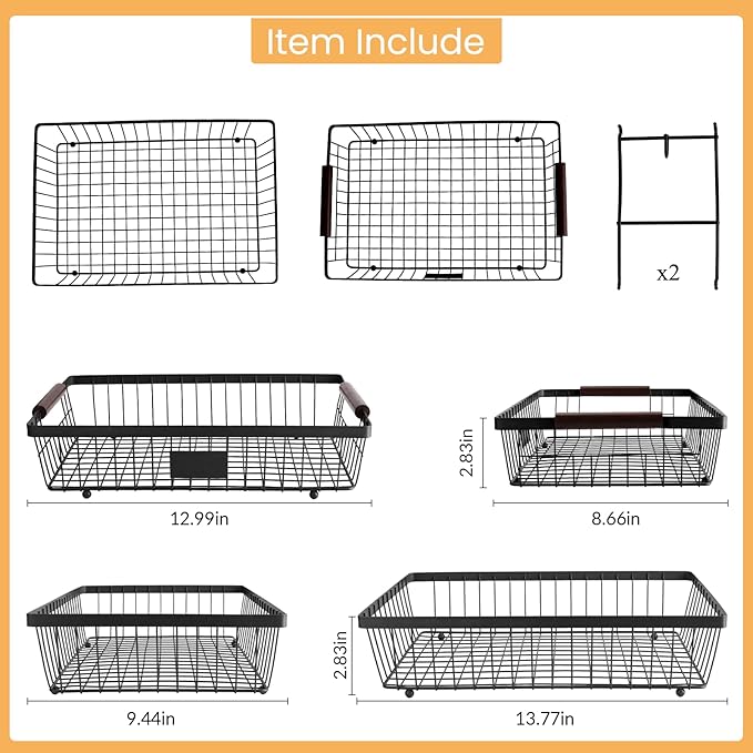 2-Tier Stackable Wire Basket with 2 Banana Hooks, Pantry Organizer for Kitchen Countertops, Cabinets & Under-Sink Spaces; Ideal for Storing Snacks, Fruits, Veggies, Onions, Potatoes, & More,Black