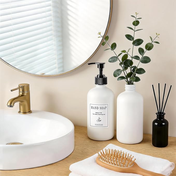 TBWIND 12 Pack 16oz White Glass Soap Dispenser Bottles with Pumps, Refillable Glass Bottles for Shampoo Conditioner Lotion, Ideal for Bathroom, Kitchen, Waterproof Labels & Funnels Included