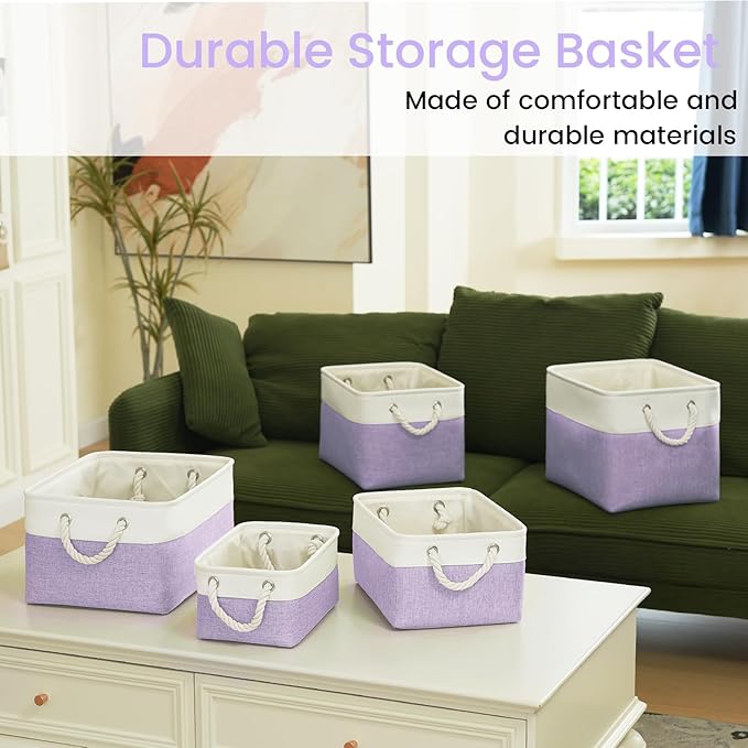 Storage Baskets for Shelves 11.8x7.9x5.2 Inch, Foldable Fabric Storage Bins with Handles, Small Storage Baskets for Organizing Closet, Office, Home Organization (6-Pack, White&Purple)