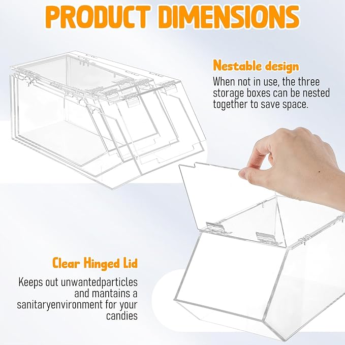 Set of 3 Stackable Candy Bins with Hinged Lid Small Medium Large Clear Acrylic Storage Bins Stackable Pantry Storage Caddys for Cereal Nuts Candies Snack Ice Cream Toppings and Wrapped Snacks