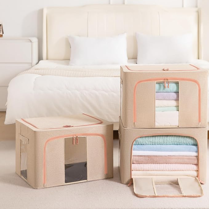 GuliPostan 3 Pack 66L Stackable Clothes Storage Bins with Metal Frame Handles & Zipper, Collapsible Closet Organizer Box with Lid for Bedding Blankets Towel (Beige)