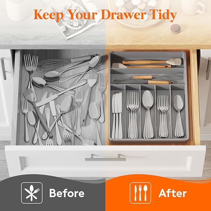 Lifewit Silverware Drawer Organizer Tray, Plastic Cutlery Storage for Kitchen, Flatware and Utensil Holder Divider for Spoons Forks Knives Tableware