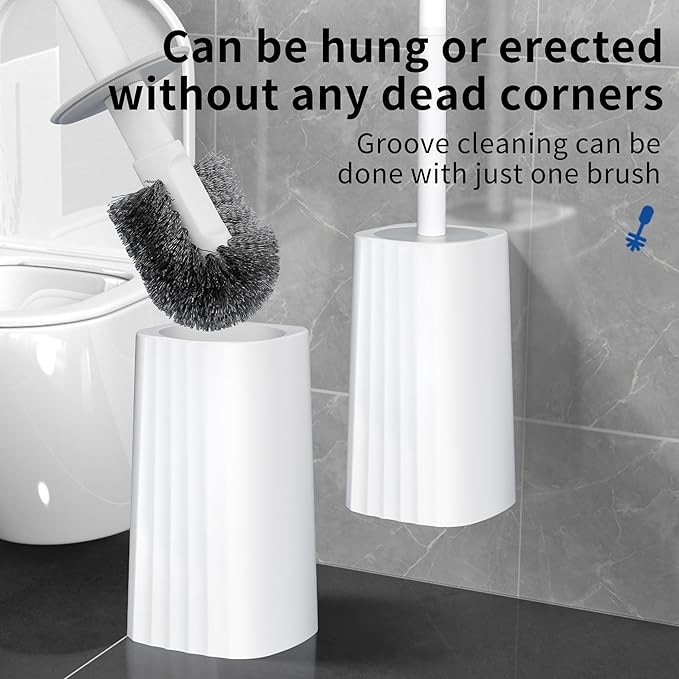 Toilet Brush & Holder Set, Lightweight Plastic Handle, Space Saving for Storage, Deep Cleaning, Drip-Proof, Easy to Assemble, Nylon Bristles, White & Grey