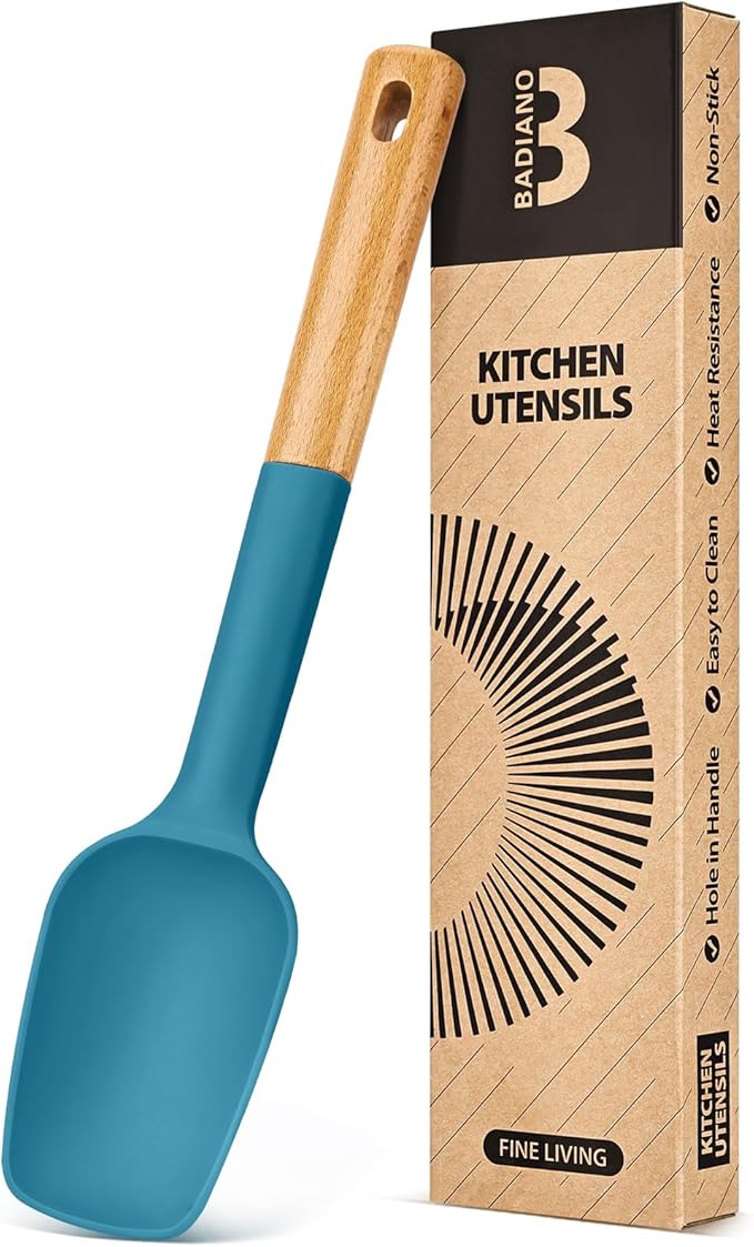 Silicone Spoon Spatula, Great For Scraping Bowls And Scooping Batter, Sturdy Bpa-Free Matte Silicone, Wooden Handle Rubber Spatula For Nonstick Cookwares (TURQ)