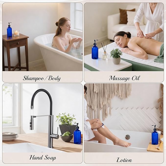 TBWIND 12 Pack 8oz Blue Glass Soap Dispenser Bottles with Pumps, Refillable Glass Bottles for Shampoo, Conditioner & Lotion, Ideal for Bathroom, Kitchen, Waterproof Labels & Funnels Included