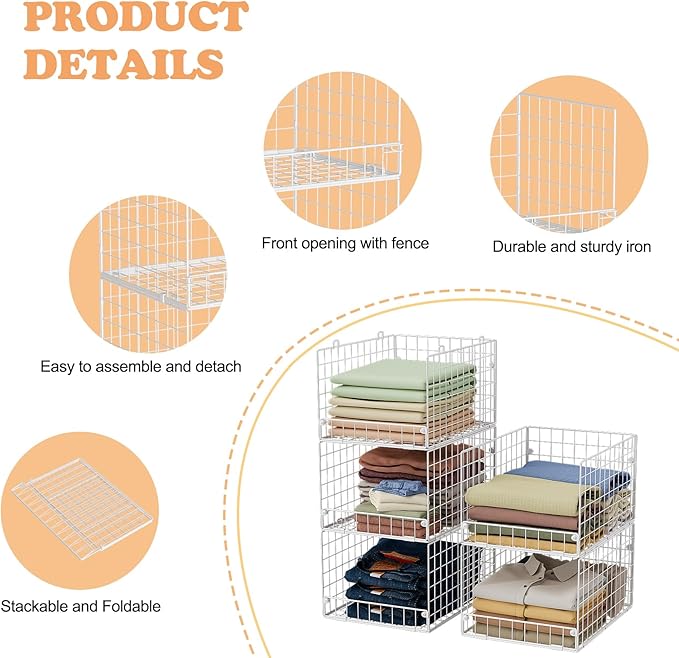 5-Tier Stackable Closet Storage Shelves, Closet Organizers and Storage Basket
