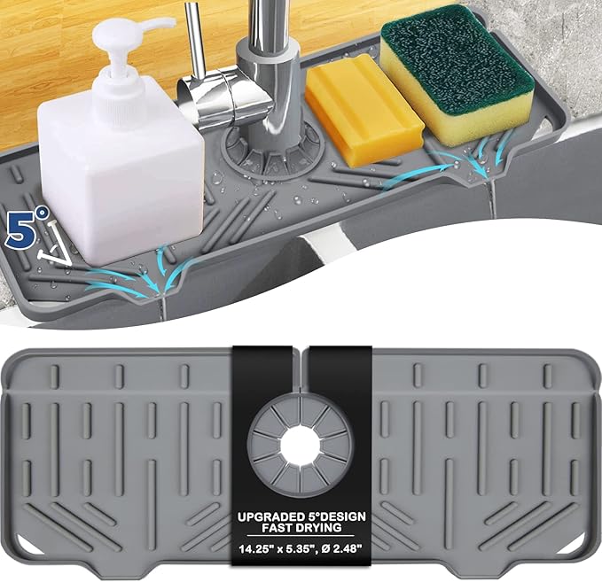 BFONS Silicone Faucet Handle Drip Catcher Drying Tray Mat Dish Soap Sponge Holder Accessories Gadgets for Kitchen Counter Bathroom Kitchen Sink Splash Guard -Grey