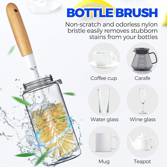 Holikme 6 Pack Dish Brush Set with Bottle Brush, Dish Scrub Brush, Pan Brush and 3 Straw Brushes, Deep Cleaning Handle Brush with Scraper Tip for Kitchen Sink Dishes Bottle Cup Pot and Pans (Yellow)