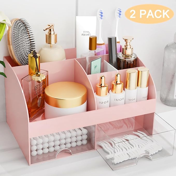 Makeup Organizer with Drawers, Cosmetic Storage for Dresser Vanity and Bathroom Countertop, Beauty Holder for Lipstick Brush, Skincare Organizer for Vanity, Cosmetic Display Case (Pink-2Pack)