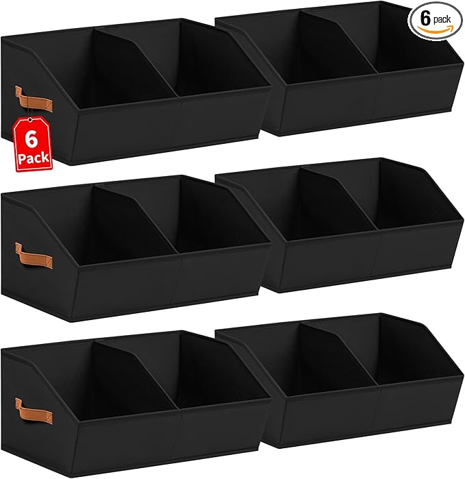 Homsorout Closet Organizers and Storage Bins - 6 Pack Collapsible Divided Trapezoidal Cube Storage Bins Baskets with Orange Handle for Organizing Clothes Blankets, Toys, Books, Towels(Black)
