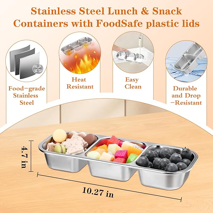 VZZNN 10 Pack Stainless Steel Snack Containers with Lids - 3 Compartments Reusable Metal Bento Boxes Divided Food Storage Containers For School,Office Home And Travel Stackable Lunch Boxes