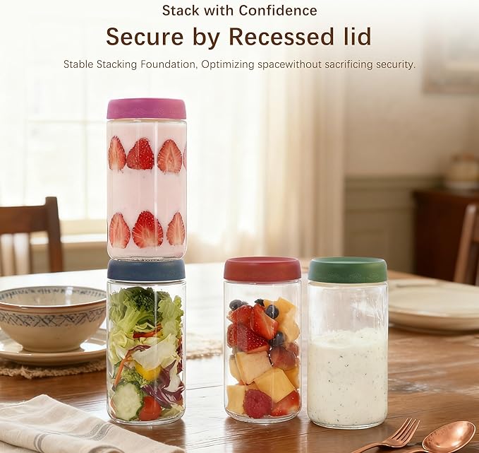 24 OZ Overnight Oats Jars with Lids 4 Pack, Glass Meal Prep Containers, Reusable Food Storage Jars, Airtight Mason Jars for Breakfast, Yogurt Parfait