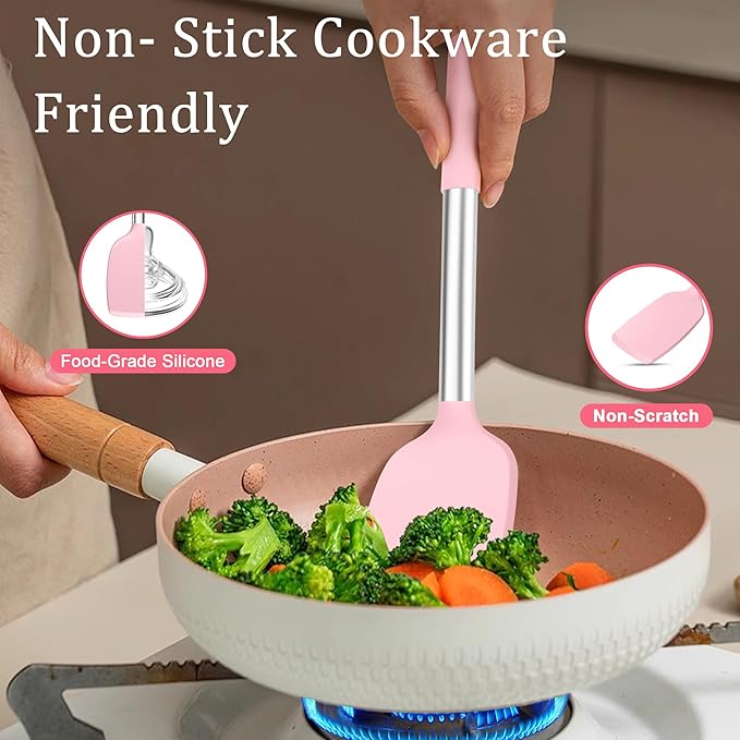 TeamFar Cooking Utensils Set, 5 PCS Silicone Kitchen Utensils with Stainless Steel Handle for Nonstick Cookware Turning Flipping Frying Draining, Heatproof & Healthy, Nonstick & Easy Clean, Pink