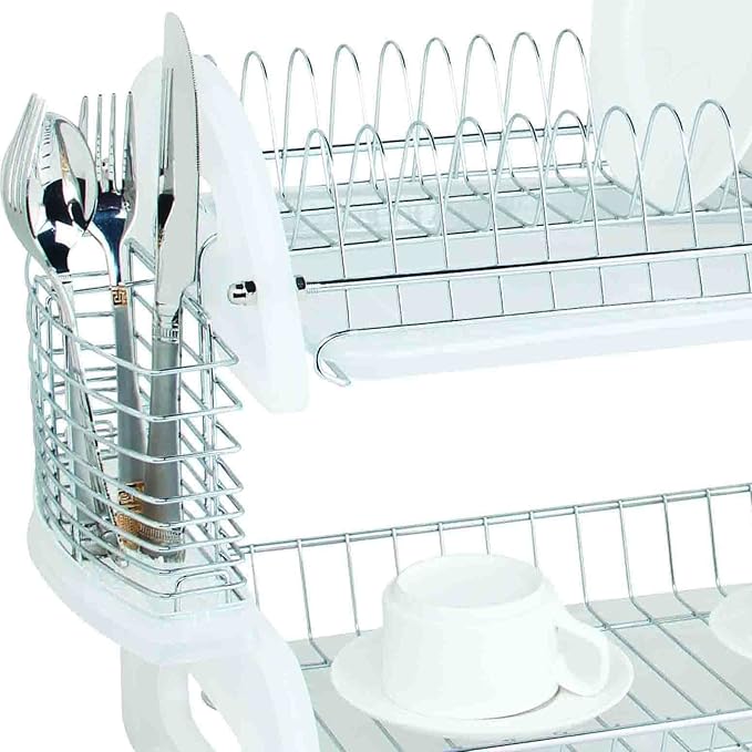 Home Basics Plastic 2-Tier Dish Drainer Rack, Air Drying and Organizing Dishes, Side Mounted Cutlery Holder, White