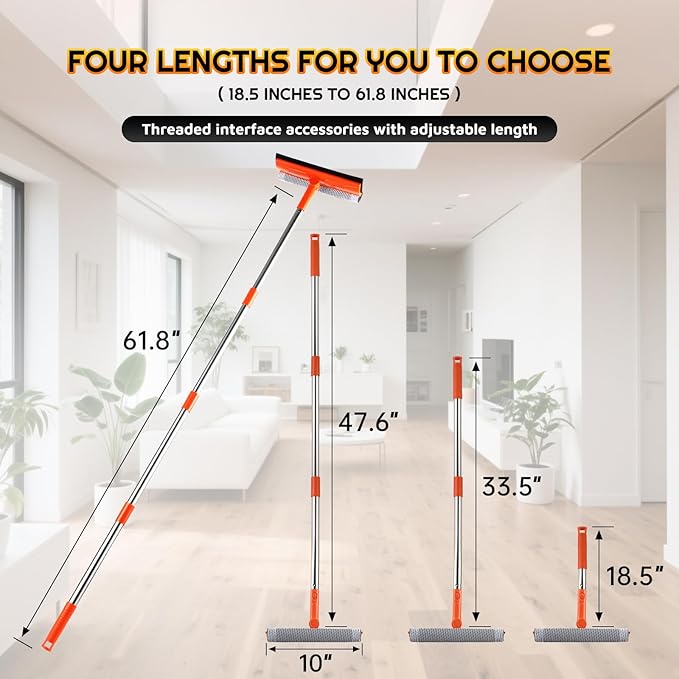 Window Squeegee with 62" Adjustable Stainless Steel Pole —2-in-1 Sponge Scrubber &Streak-Free Blade, No Ladder for 1-Story &Skylights,Car &RV Windshields,Shower Doors,Tile Orange