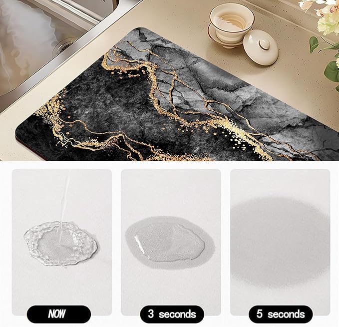 Dish Drying Mat for Kitchen Counter, Black Marble and Golden Veins Washable Absorbent Quick Dry Pad with Rubber Backing, Draining Mat for Dishes Coffee Table, 16" x 24"