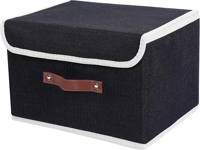 ANMINY Storage Bin with Lid Storage Boxes with PU Leather Handles PP Plastic Board Decorative Foldable Lidded Cotton Linen Fabric Home Cubes Baskets