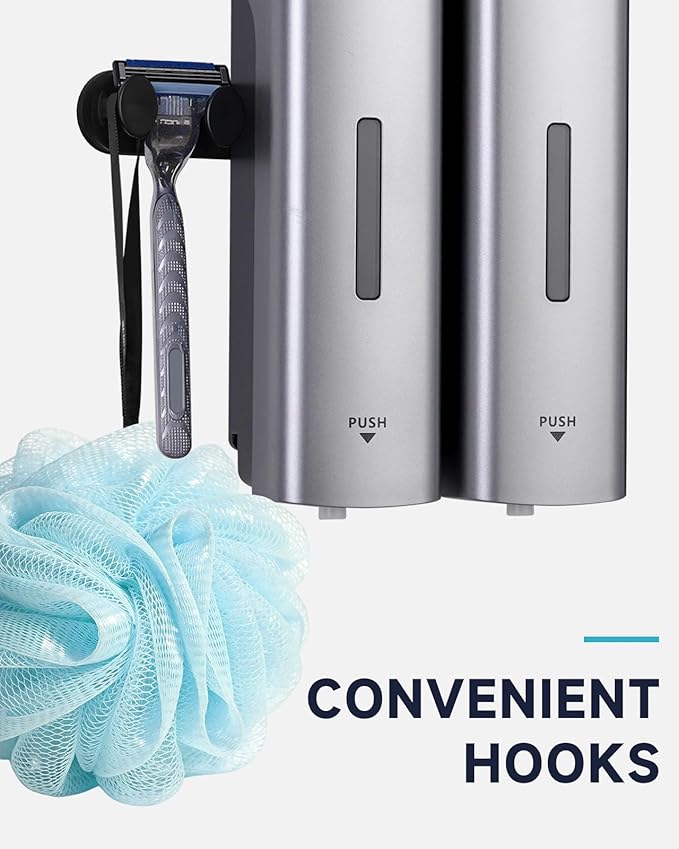 AIKE 2 Chambers Shower Shampoo and Conditioner Dispenser 2 x 11.8 fl.oz. for Bathroom(Silver)