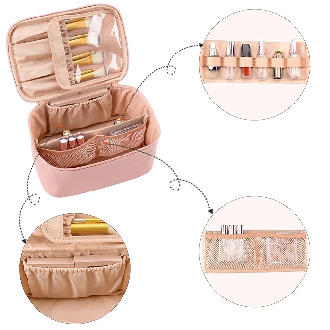 OCHEAL Pink Makeup Bag,Travel Makeup Organizer Bag, Large Capacity Cosmetic Bags For Women Large Travel Toiletry Bag Girls Traveling With Brush Slot And Divider