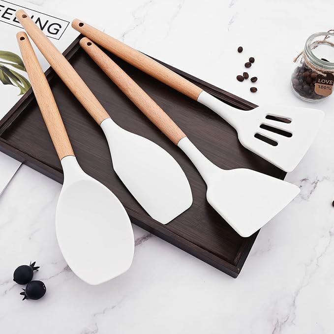 1pc White Silicone Spatula Set with Wooden Handle, Heat Resistant Cooking Utensils, Ideal Cookware for Cooking, Baking and Mixing.