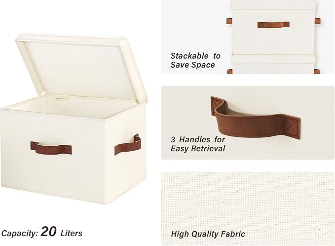 StorageWorks Fabric Storage Bins with Lid, Decorative Storage Boxes for Shelves, Stackable Closet Organizer Basket with Handles, Large, Ivory White