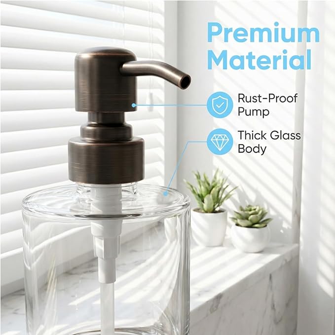 Bathroom Soap Dispenser Glass with Oil Rubbed Bronze Pump, 11 OZ Clear Cylinder Bottle with Stainless Steel Pump Refillable Liquid Hand Soap Dispenser for Kitchen Countertop