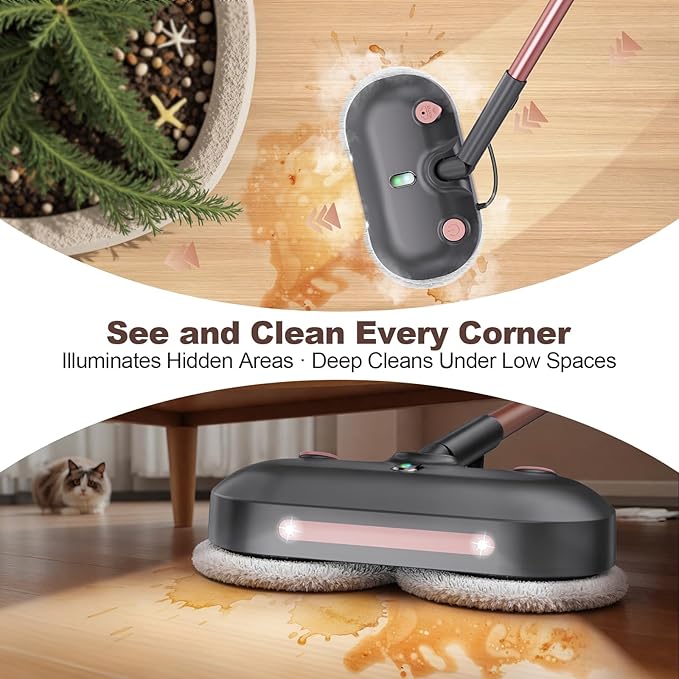 Scrubbing Steam Mop with Rotating Pads, Spin Steam Cleaner for Floor Cleaning,Large Tank,23FT Cord, LED Headlights,Reusable Pads & Self-Standing,Safe for Hard Floor/Laminate/Marble