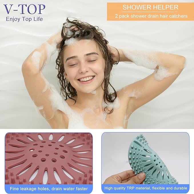 Shower Drain Hair Catcher Tub Stopper, V-TOP Drain Cover for Shower to Catcher Hair, Silicone Bathtub Drain Plug Suit for Bathroom Kitchen and Laundry