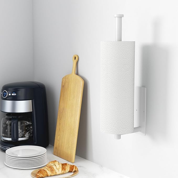 Paper Towel Holder - Self-Adhesive or Drilling, White, Wall Mounted, SUS304 Stainless Steel Kitchen Roll Dispenser Under Cabinet