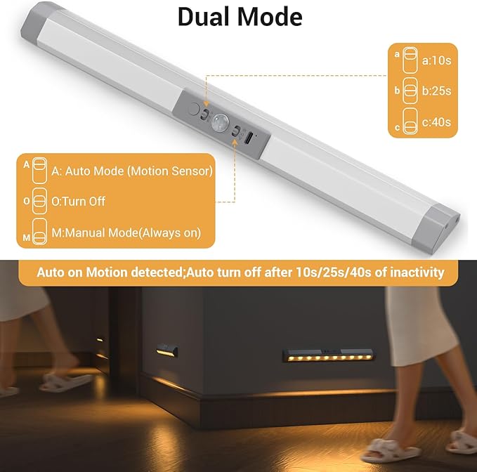 WOBANE Closet Lights Motion Sensored with Eye-Protection,Rechargeable LED Wardrobe Lighting with 3 Color,12 inch Dimmable Wireless Battery Operated Light Indoor for Stair,Pantry,Hallway,900mAh,3PCS