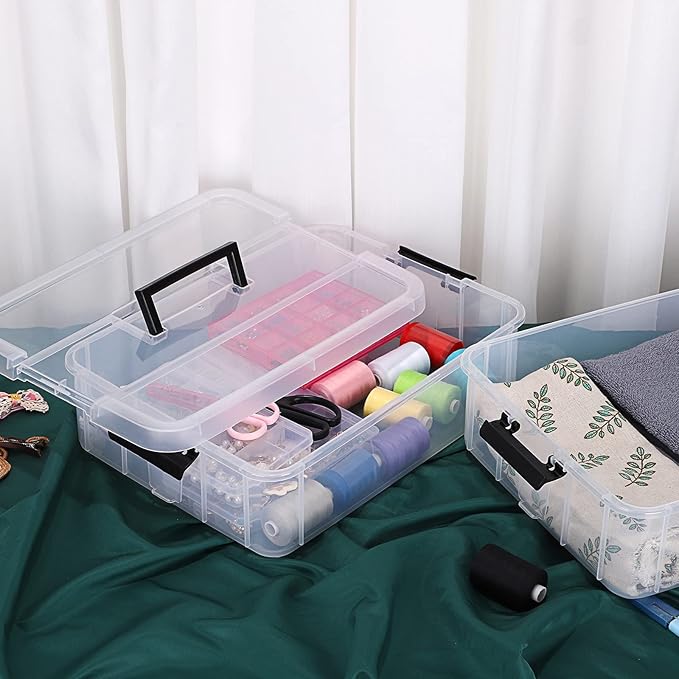 JUXYES 2-Tiers Stack Carry Storage Box With Handle, Transparent Stackable Storage Bin With Handle Lid Latching Storage Container for School & Office