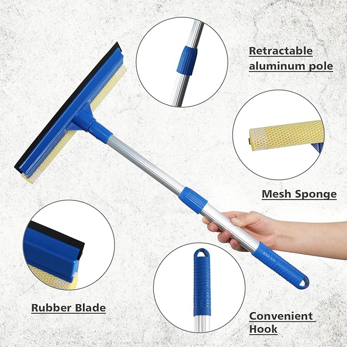 Professional Window Squeegee,2 in 1 Squeegee Window Cleaner with Long Stainless Steel Handle,Sponge Car Window Squeegee for Gas Station, Glass,Shower
