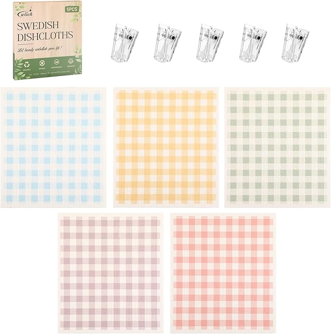 wlich 5PCS Swedish Dishcloths for Kitchen, Reusable Dish Rags for Washing Dishes with Clips, Non-Scratch Kitchen Towels and Dishcloths Sets, Washable Swedish Dish Cloths, No Odor(Grid)
