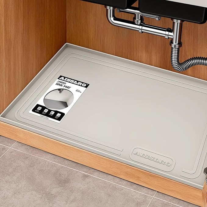 Aisslro Under Sink Mat 34" X 22", Waterproof Silicone Cabinet Organizer Protector with Raised Edge, Kitchen & Bathroom Leak Tray, Shelf Liner & Pet Feeding Mat for Dog Cat Food Mats, Beige
