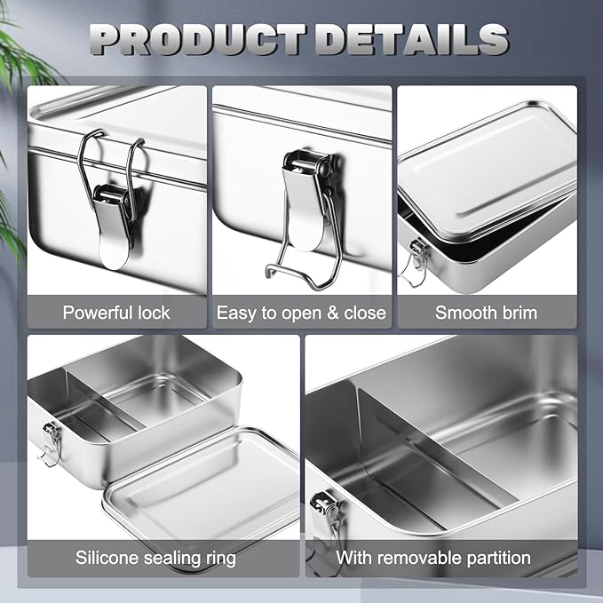 Umigy 4 Pcs Stainless Steel Food Containers 1400ml Metal Bento Lunch Box Stainless Steel Food Storage Containers, Lockable Clips to Leak Proof, Reusable Dishwasher Snack Boxes for Work