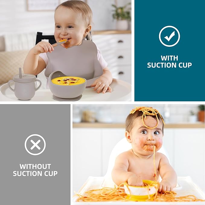100% Silicone Baby Feeding Set, BPA Free, 9 Pcs: Suction Bowl, Divided Plate, Toddler Self Feeding Dish Set with Spoons, Forks, Sippy Cup, Bib, Beige