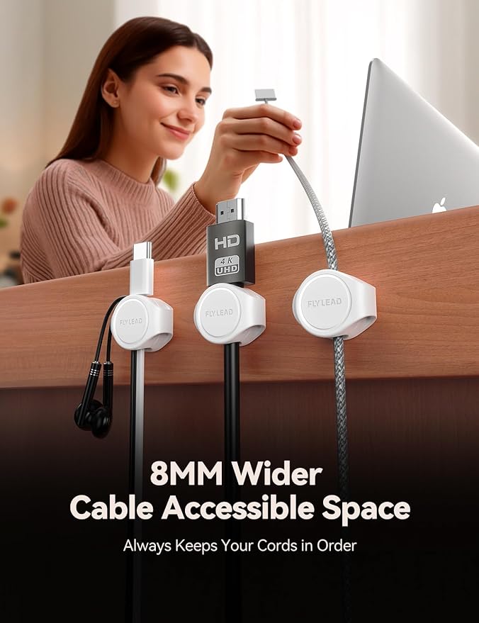 8-Pack Cord Organizer Silicone Magnetic Cable Clips [8 mm Wider Cable Accessible] Desk Wire Management, FLYLEAD Desktop Cord Holder for Nightstand, Office Workspaces Desk Organization Home Accessories